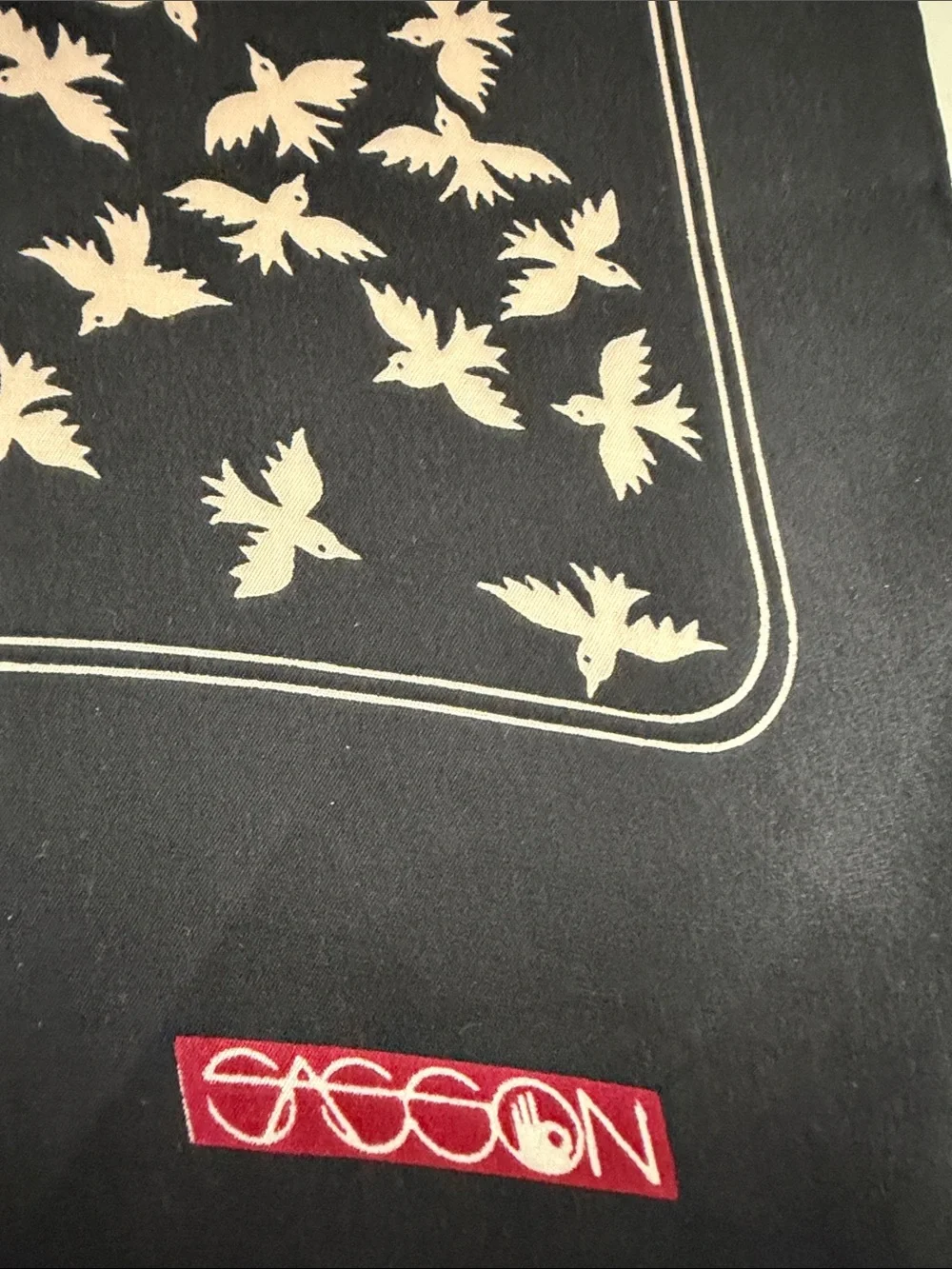 Vintage Sasson Flying Birds Silk Oblong Scarf Black Cream Oblong 10x34 Neck Wrap